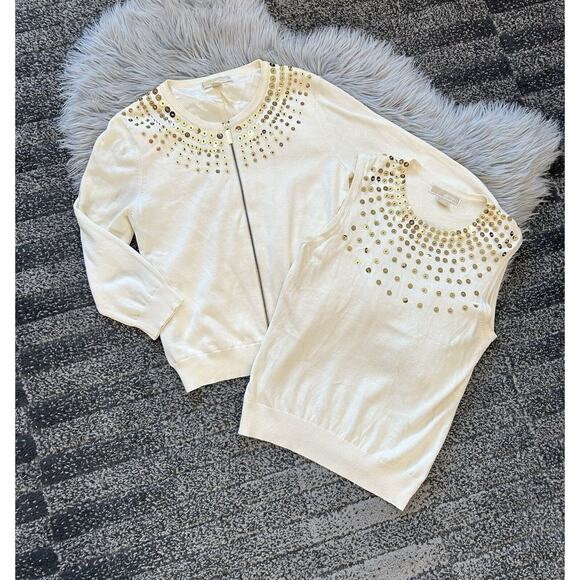Michael Kors Cream Lined Cardigan And Tank Set W/Gold Zippers & Sequins Large - Picture 1 of 6